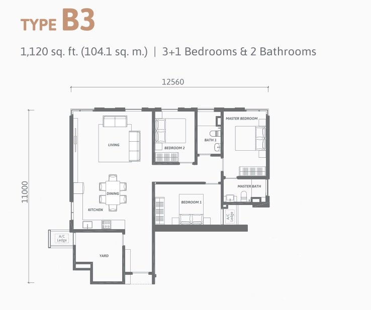 Ren Residence Type B3 floor plan, 3+1 bedrooms, 1,120 sq ft