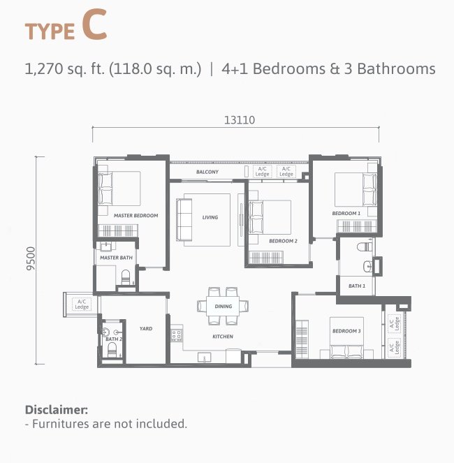 Ren Residence Type C floor plan, 4+1 bedrooms, 1,270 sq ft