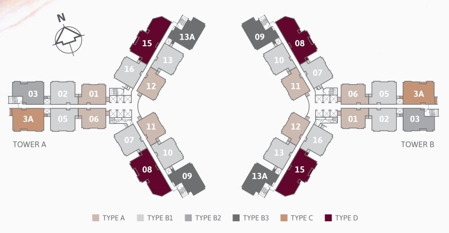 Ren Residence key plan showing unit types in Tower A and Tower B