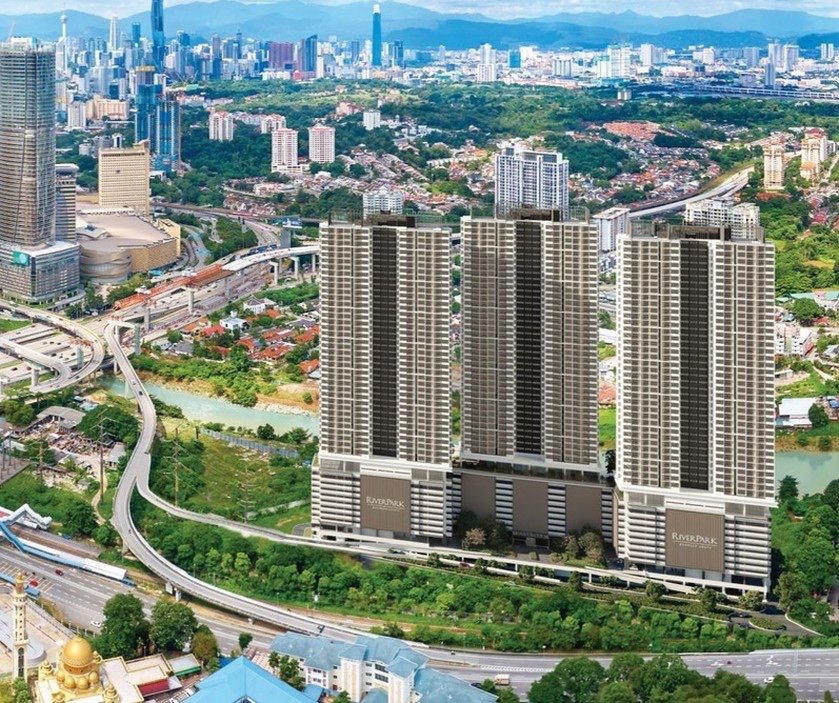 River Park Bangsar South aerial view of the three towers with the KL skyline: artist's impression