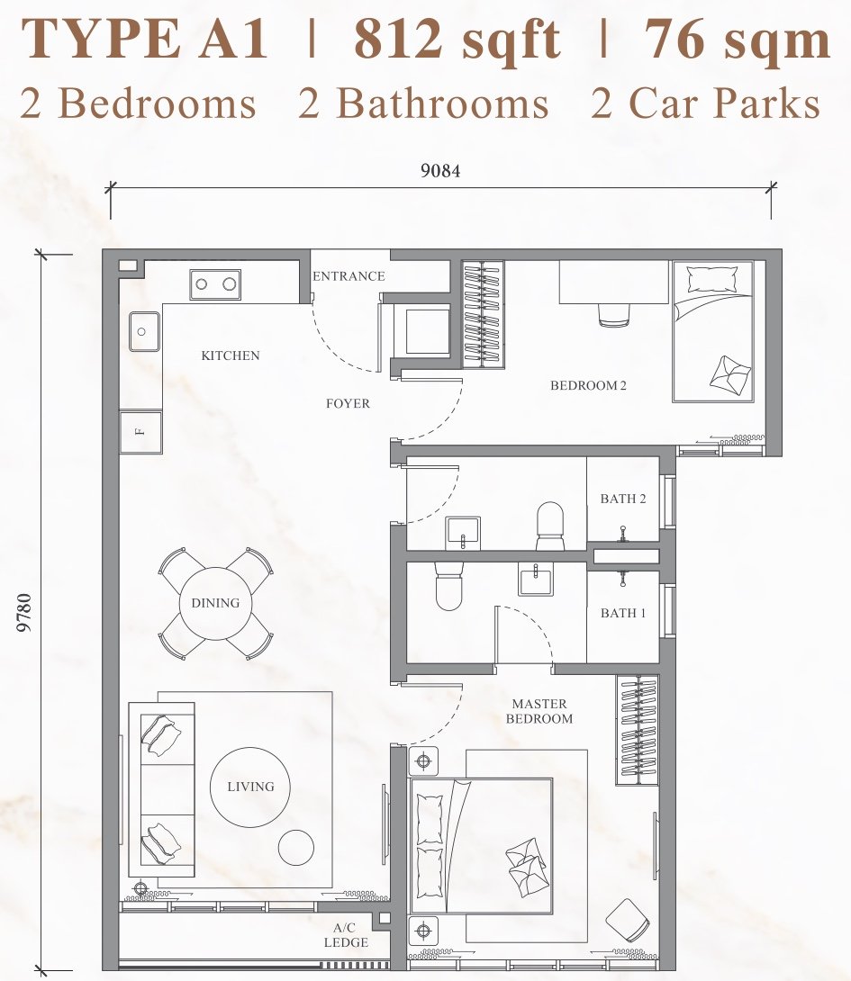 River Park Bangsar South Type A1 floor plan, 2 bedrooms, 812 sq ft