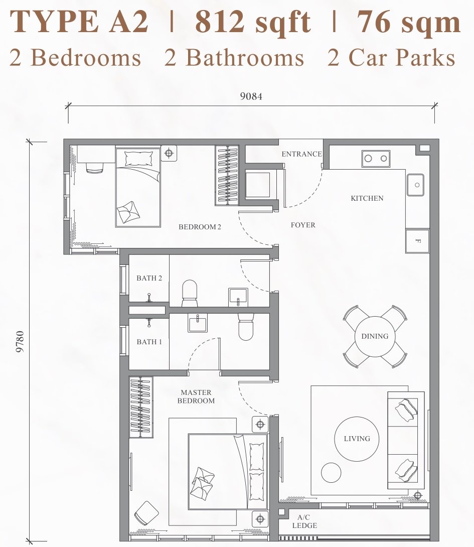 River Park Bangsar South Type A2 floor plan, 2 bedrooms, 812 sq ft