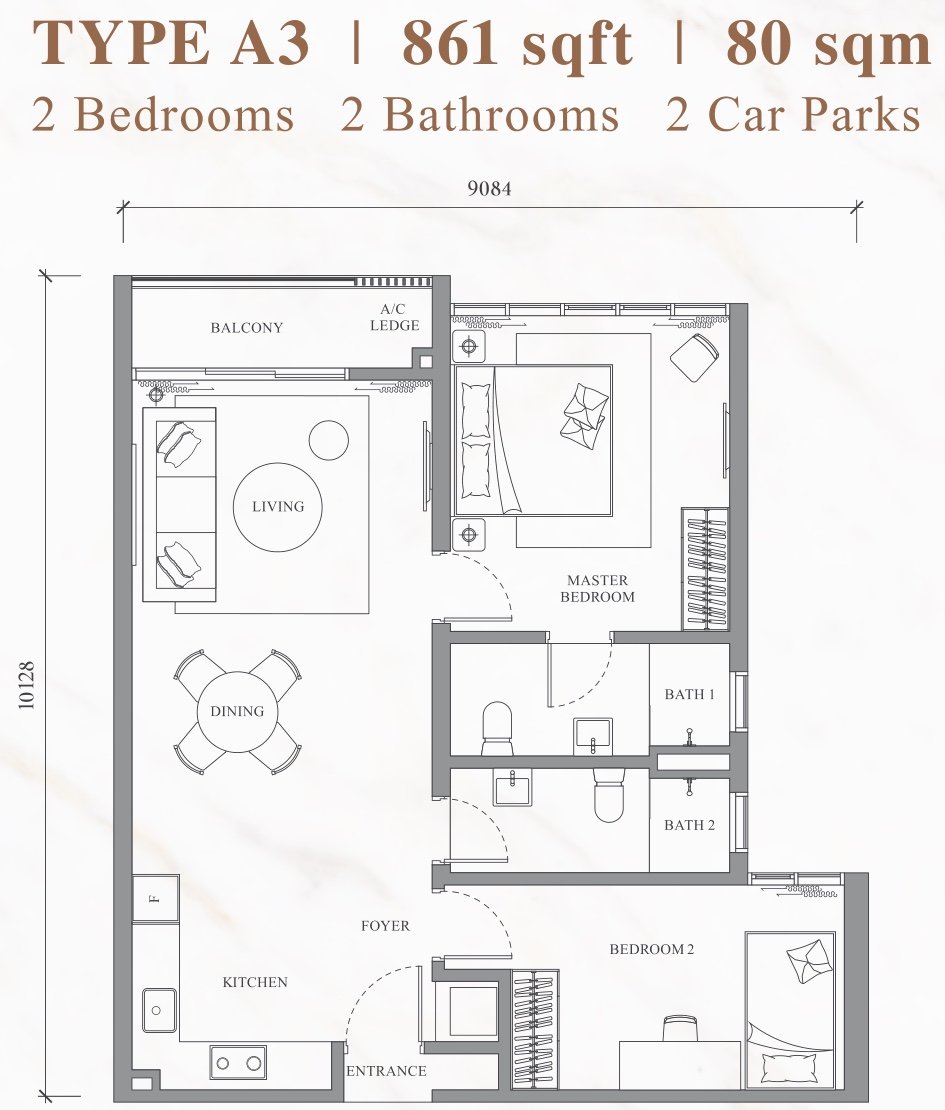 River Park Bangsar South Type A3 floor plan, 2 bedrooms with balcony, 861 sq ft