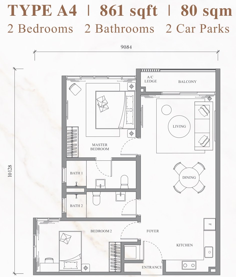 River Park Bangsar South Type A4 floor plan, 2 bedrooms with balcony, 861 sq ft