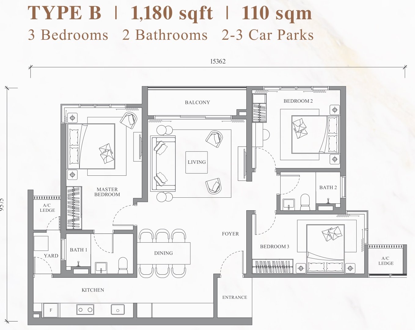 River Park Bangsar South Type B floor plan, 3 bedrooms with balcony, 1,180 sq ft