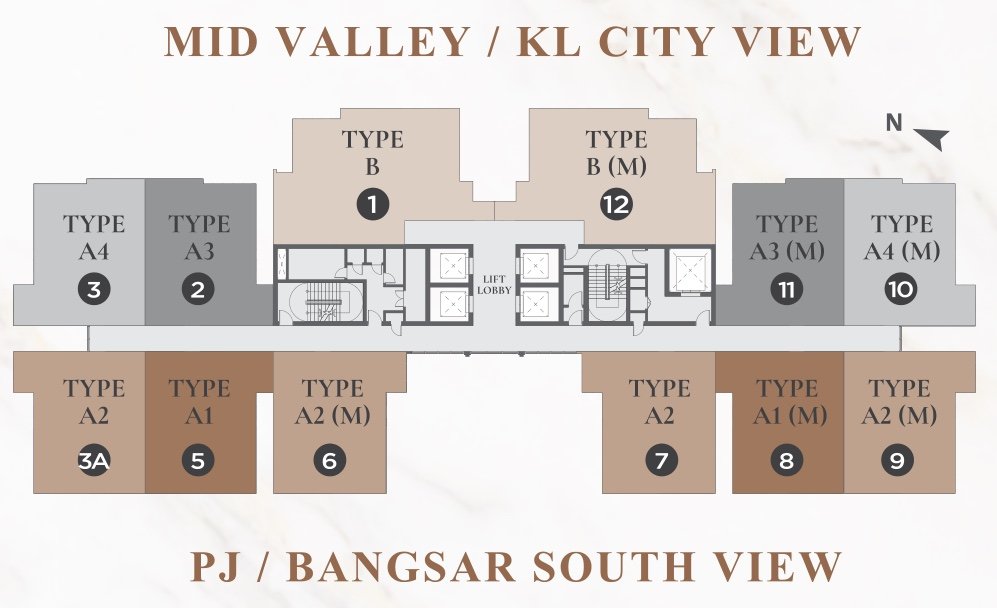 River Park Bangsar South typical floor plan showing the Mid Valley / KL city side and the PJ / Bangsar South side