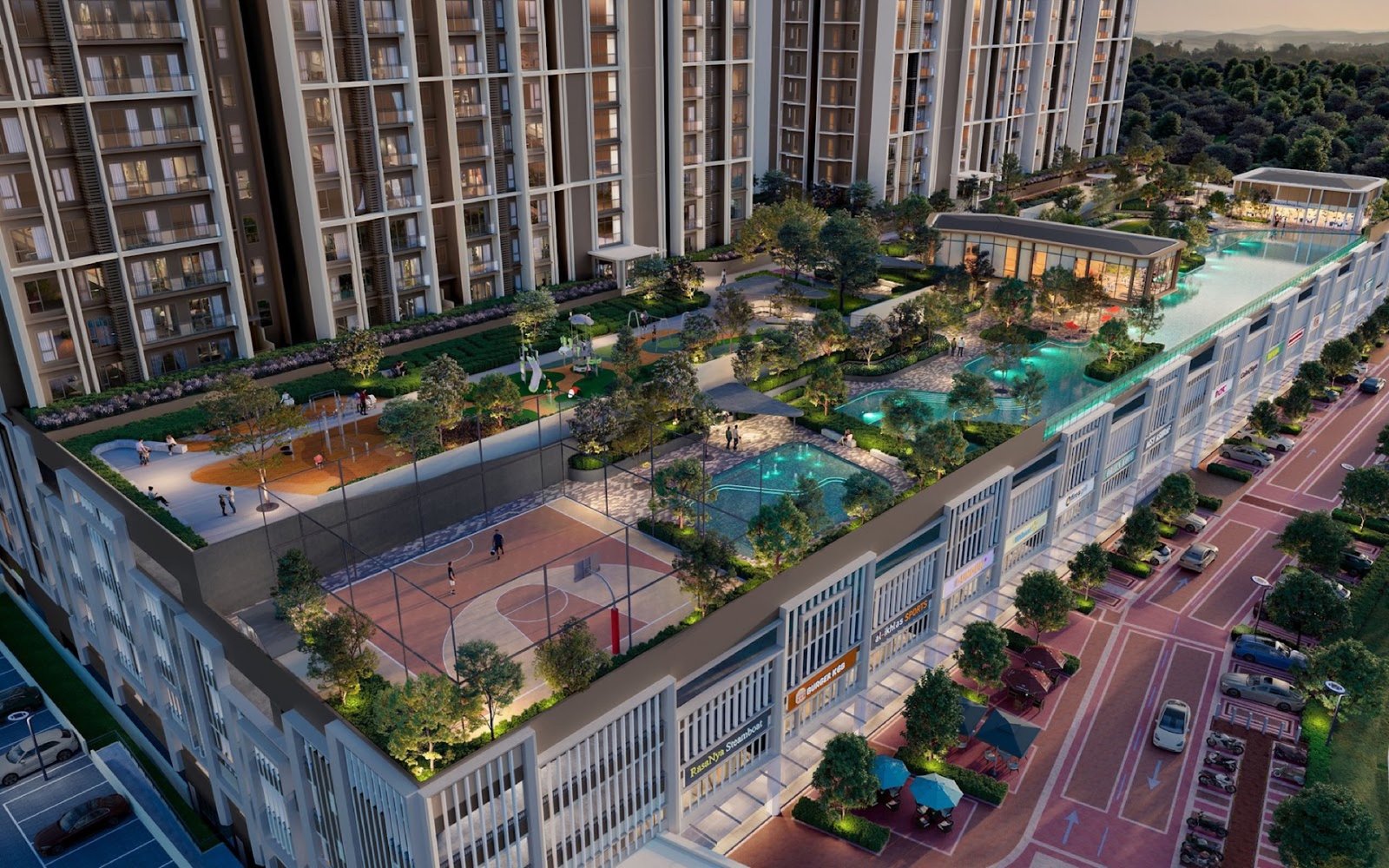 Senna Heights Level 4 facility deck with pool and courts: artist's impression