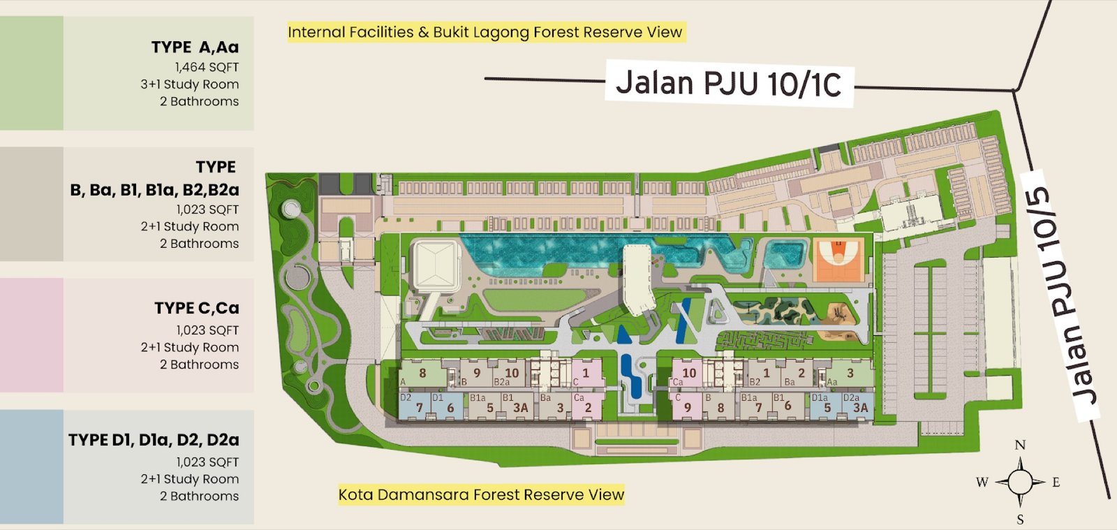 Senna Heights site plan with unit types and forest-reserve facings