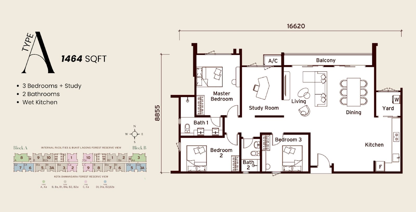 Senna Heights Type A floor plan, 3 bedroom + study, 1,464 sq ft