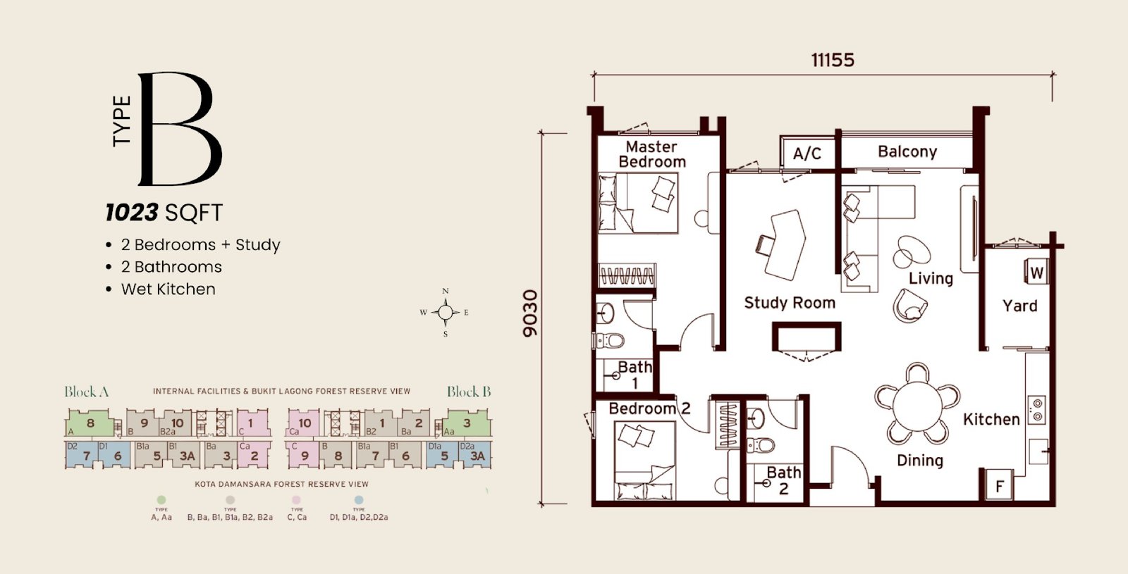 Senna Heights Type B floor plan, 2 bedroom + study, 1,023 sq ft
