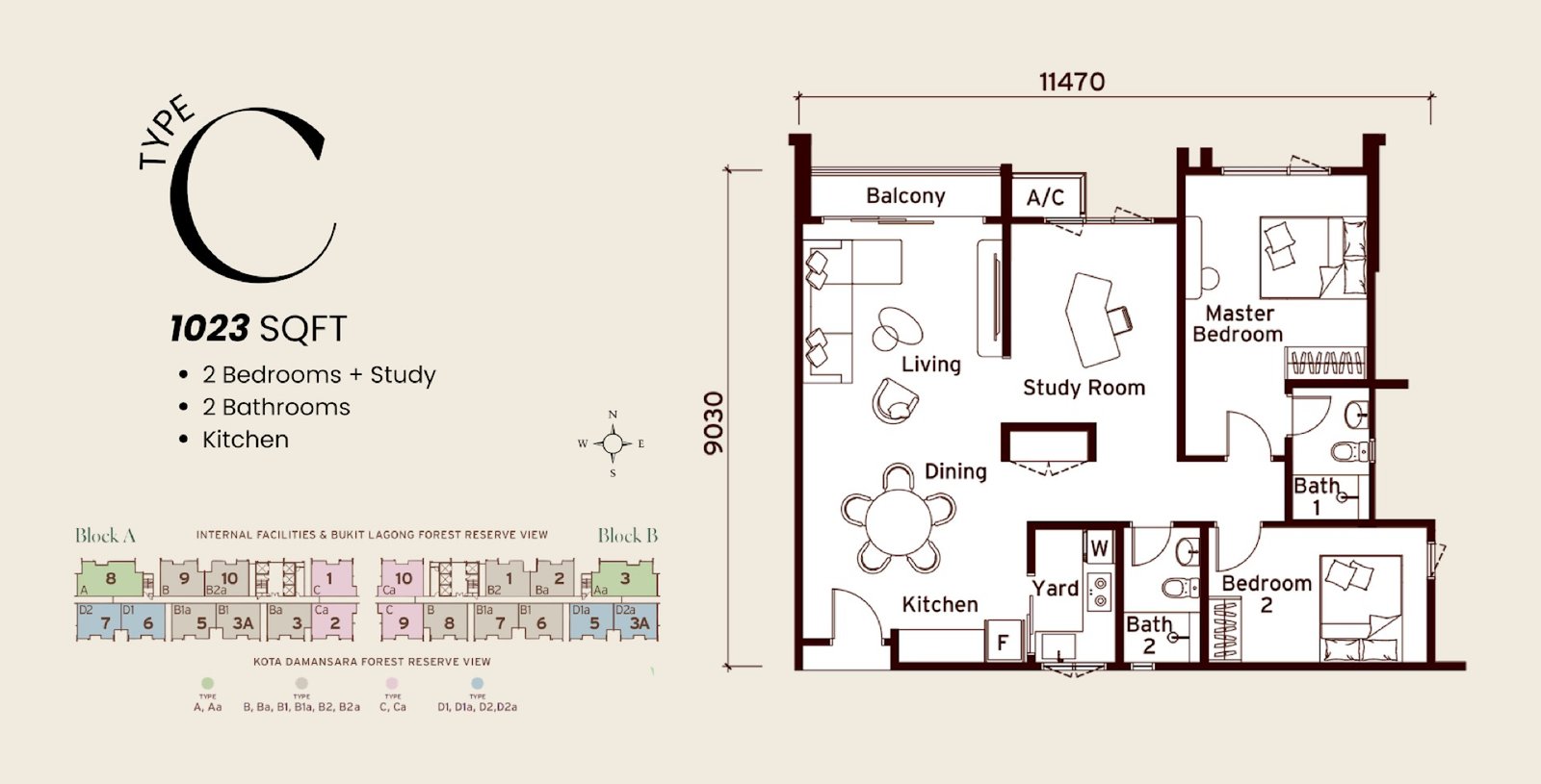 Senna Heights Type C floor plan, 2 bedroom + study, 1,023 sq ft