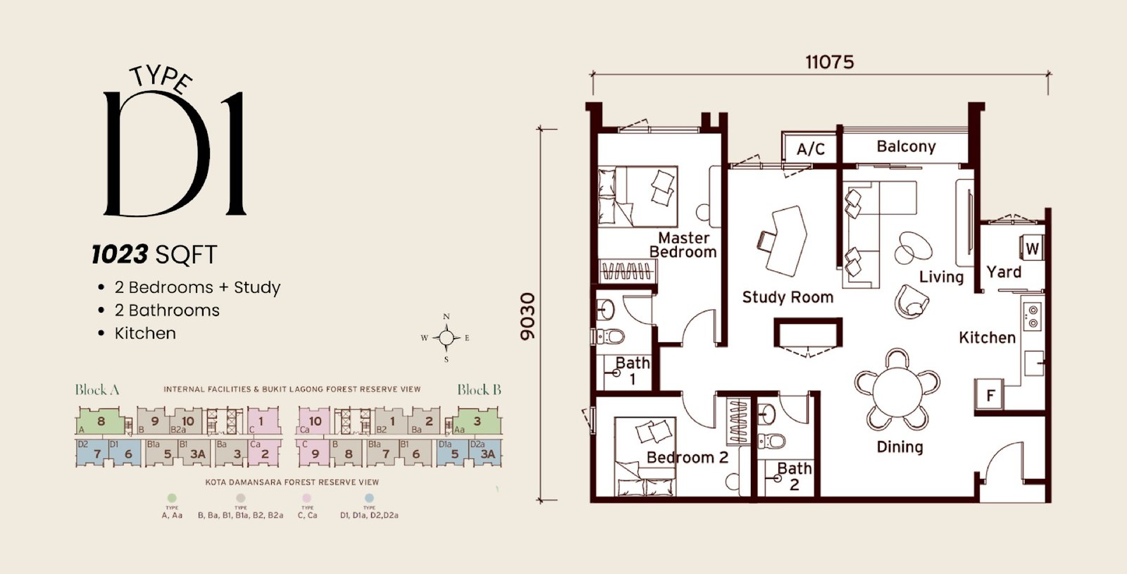 Senna Heights Type D1 floor plan, 2 bedroom + study, 1,023 sq ft