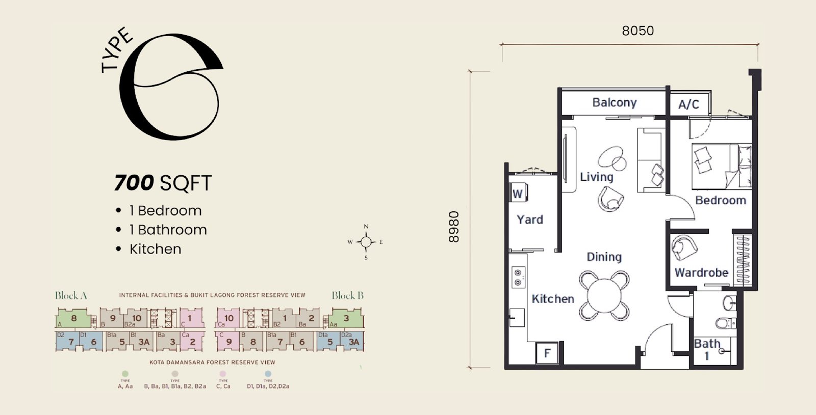 Senna Heights Type E floor plan, 1 bedroom, 700 sq ft