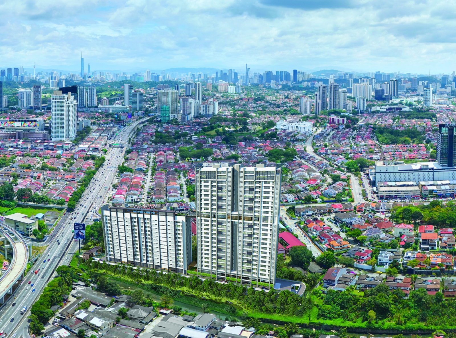 Stellar Damansara aerial view over Damansara Jaya and the SPRINT Highway: artist's impression