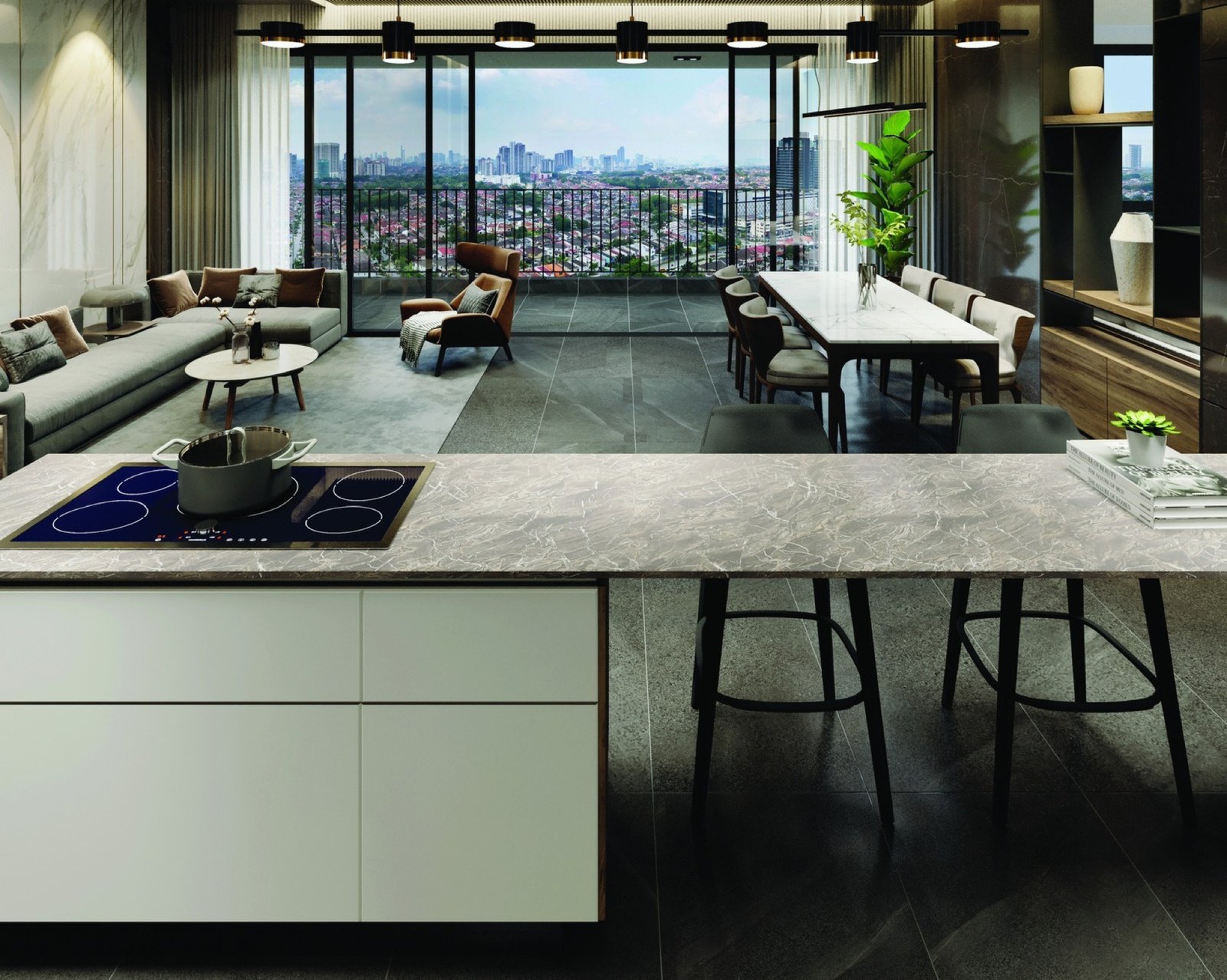 Stellar Damansara living room and kitchen island: artist's impression