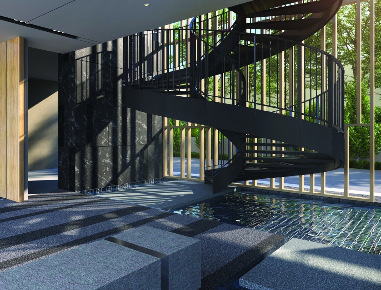 Stellar Damansara spiral staircase and water feature: artist's impression