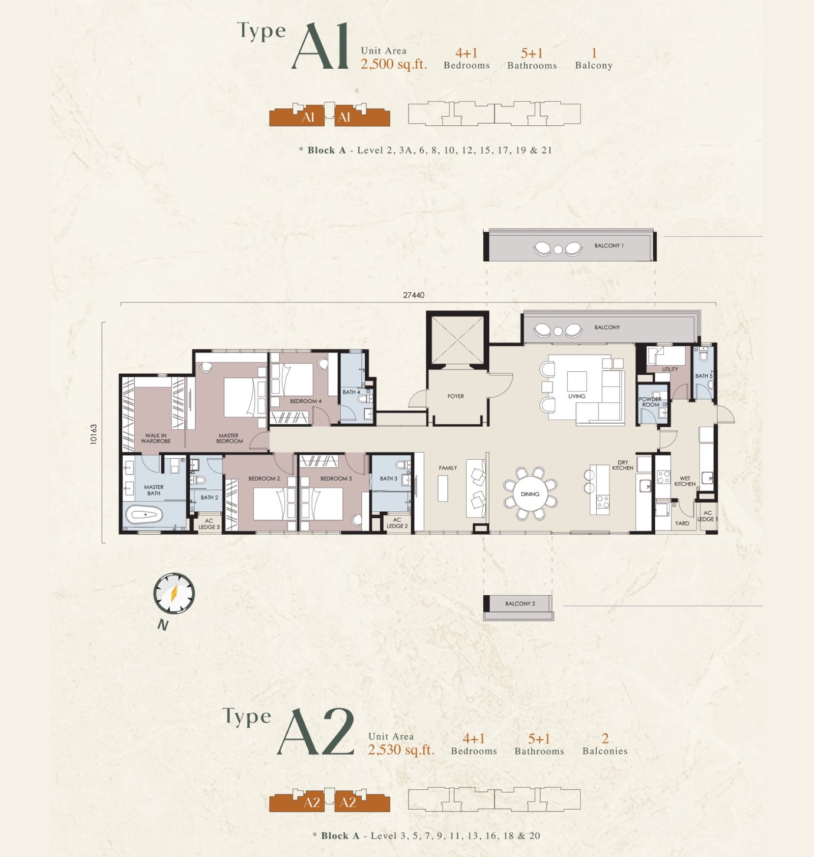 Stellar Damansara Type A1 and A2 floor plan, 4+1 bedrooms, 2,500 and 2,530 sq ft