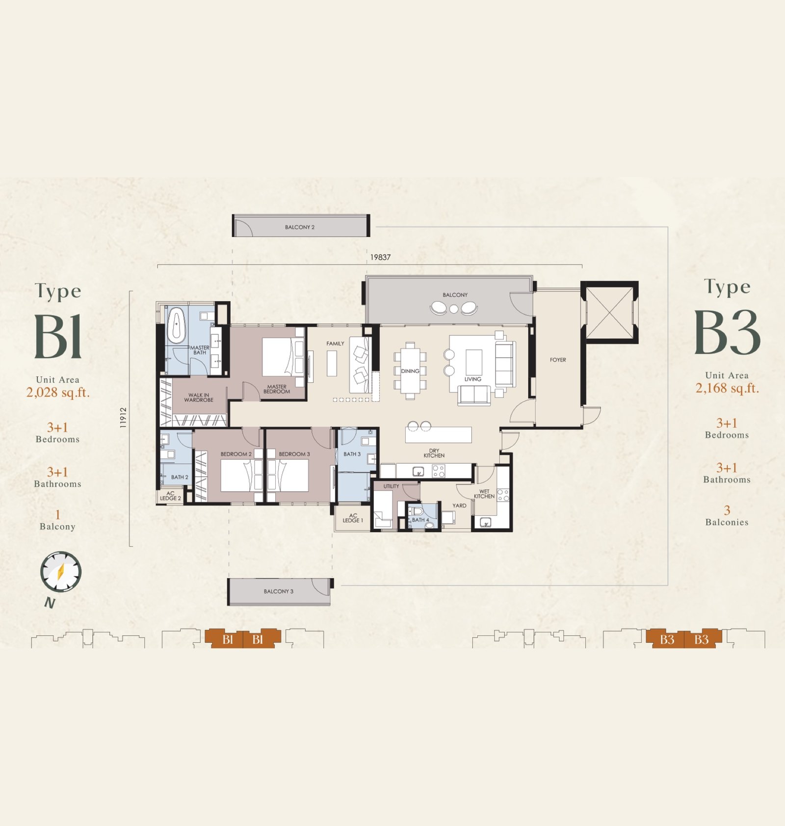 Stellar Damansara Type B1 and B3 floor plan, 3+1 bedrooms, 2,028 and 2,168 sq ft