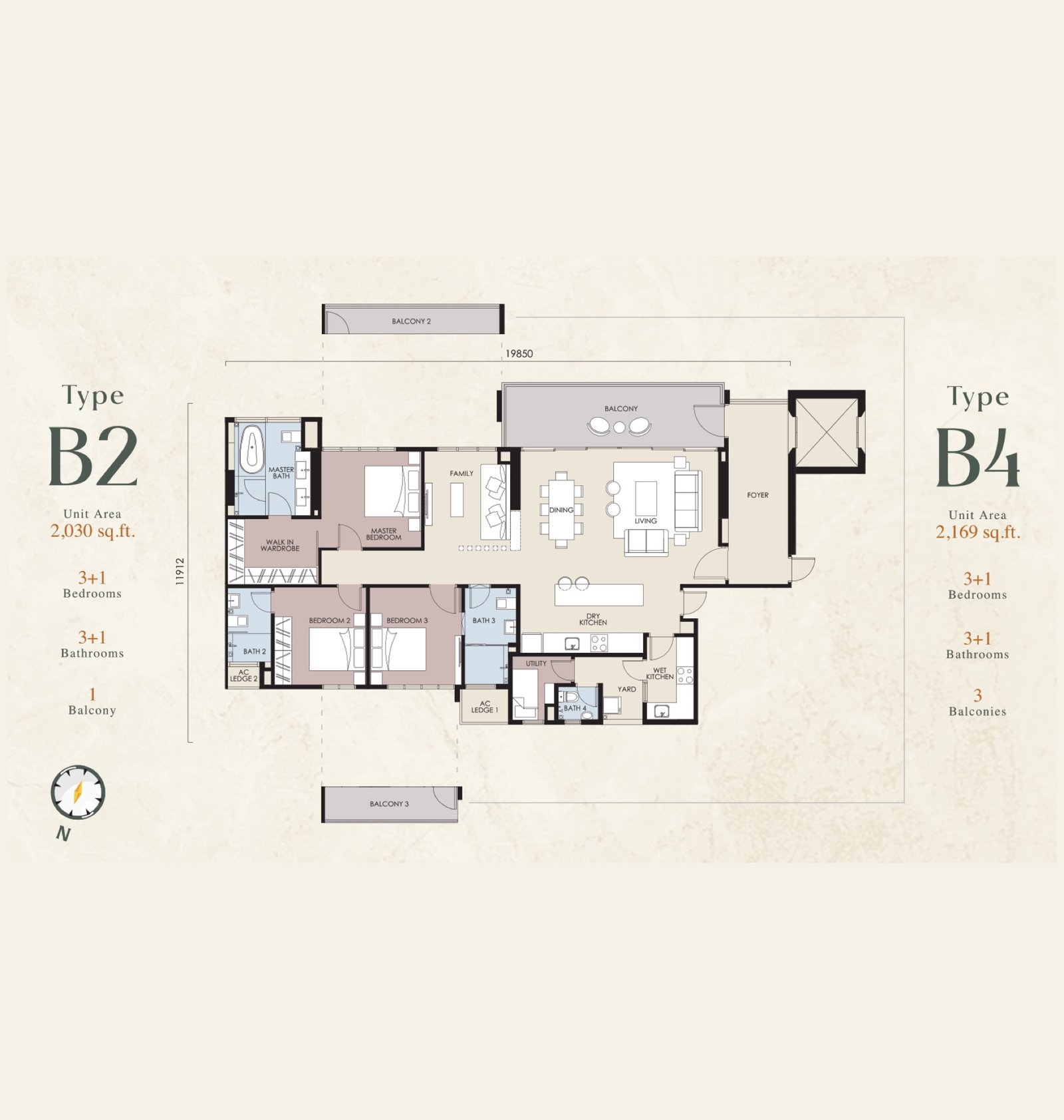 Stellar Damansara Type B2 and B4 floor plan, 3+1 bedrooms, 2,030 and 2,169 sq ft