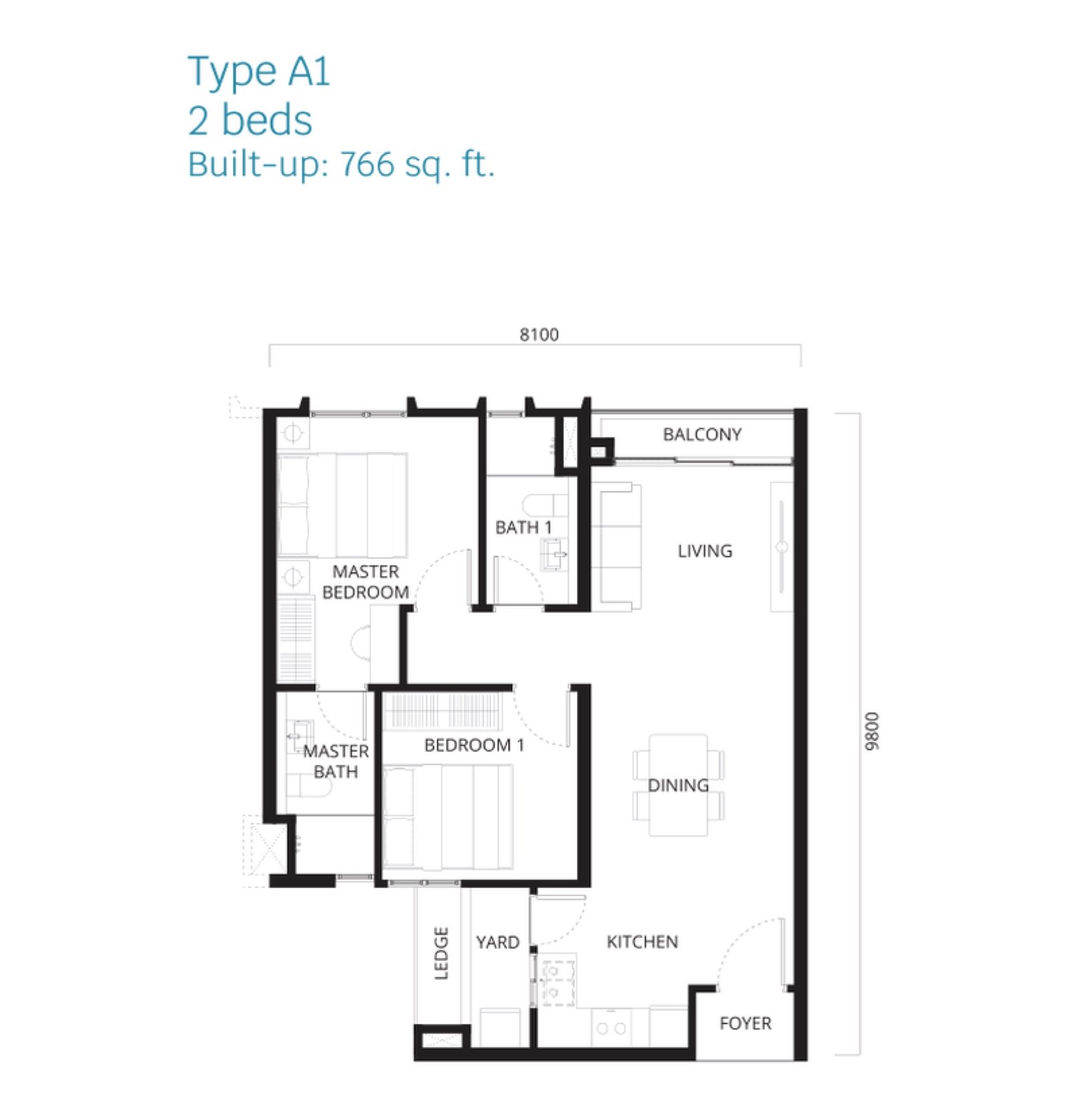 Stellaris @ Riana Dutamas Type A1 floor plan, 2 bedrooms, 766 sq ft