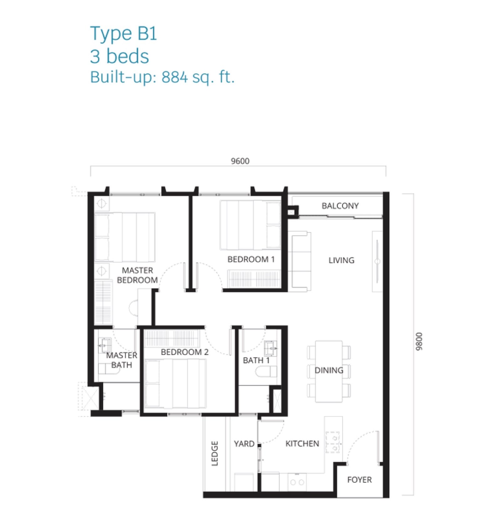 Stellaris @ Riana Dutamas Type B1 floor plan, 3 bedrooms, 884 sq ft