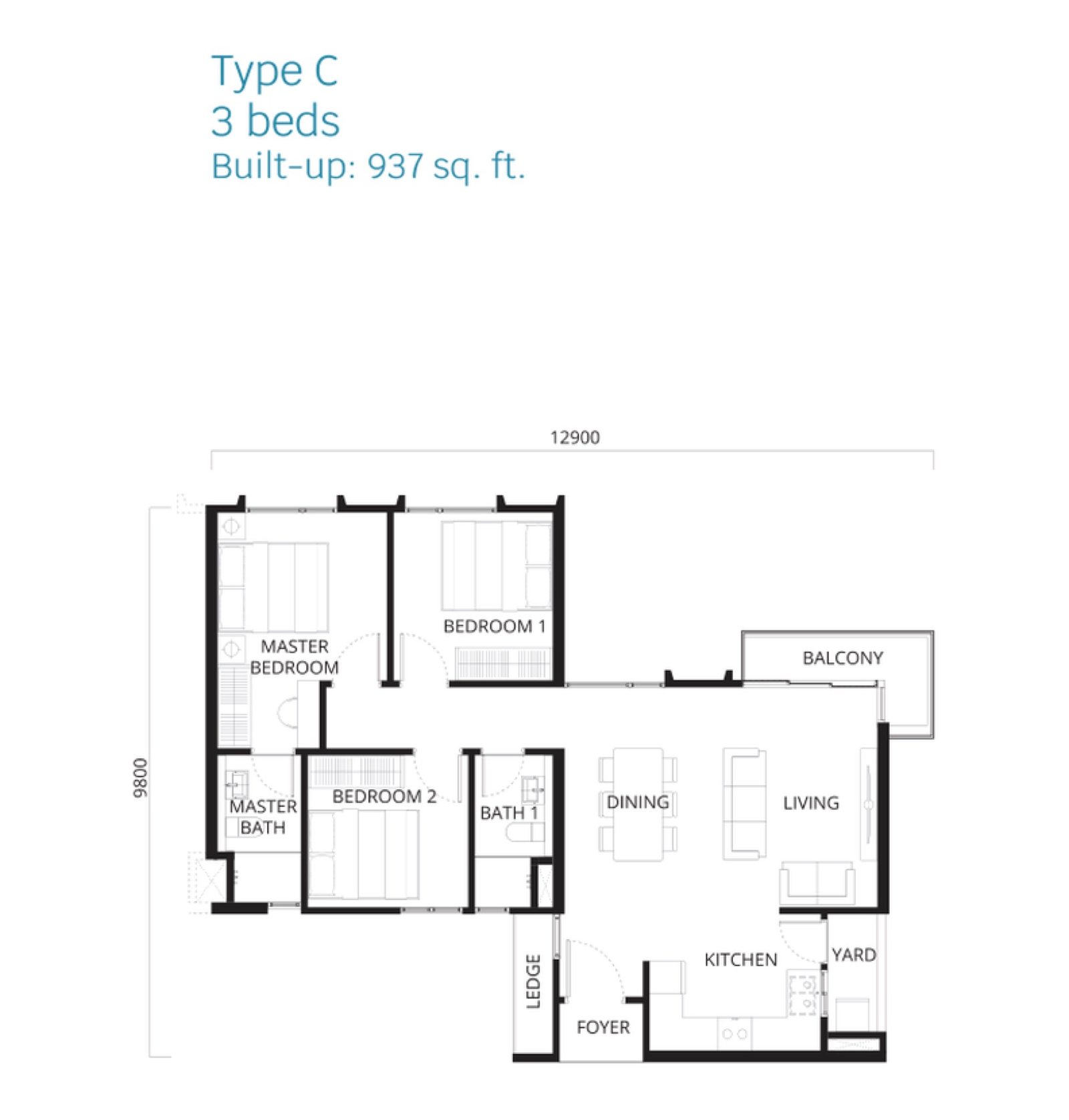 Stellaris @ Riana Dutamas Type C floor plan, 3 bedrooms, 937 sq ft