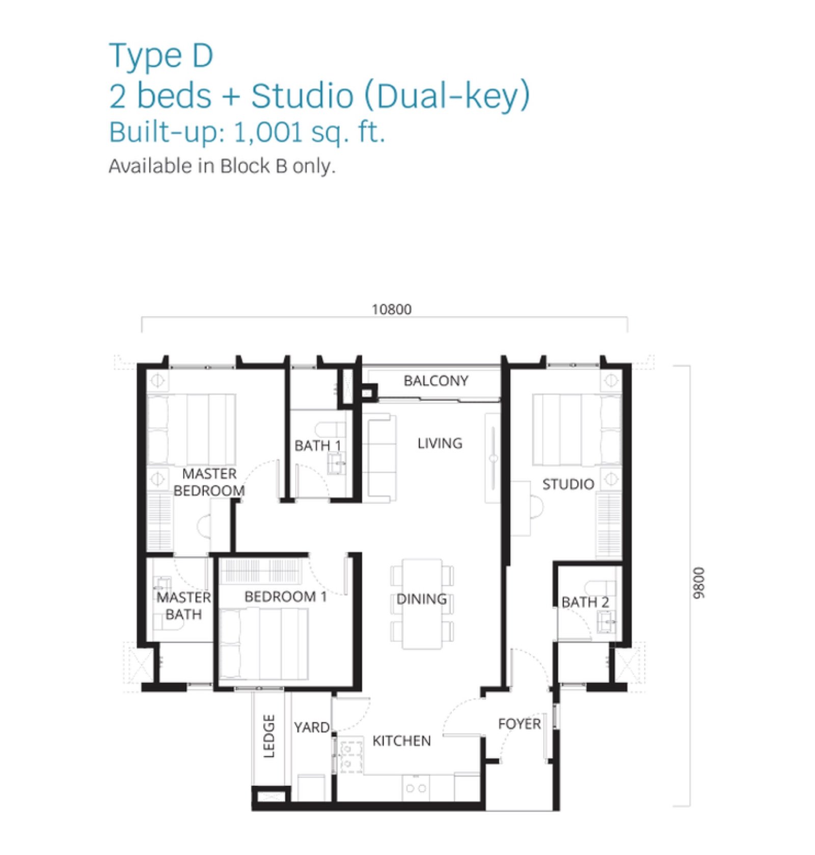 Stellaris @ Riana Dutamas Type D floor plan, 2 bedrooms + studio (dual-key), 1,001 sq ft