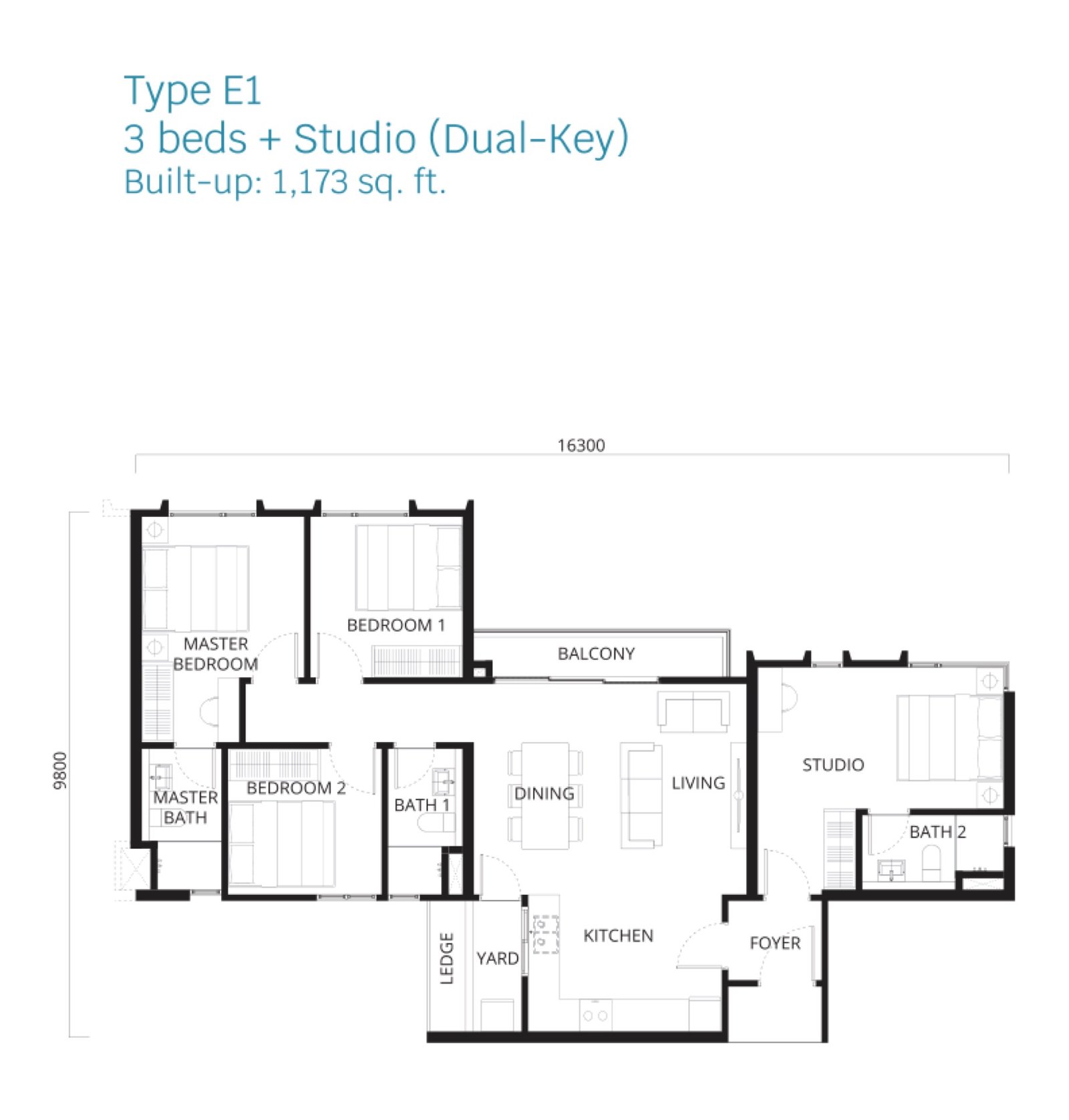 Stellaris @ Riana Dutamas Type E1 floor plan, 3 bedrooms + studio (dual-key), 1,173 sq ft