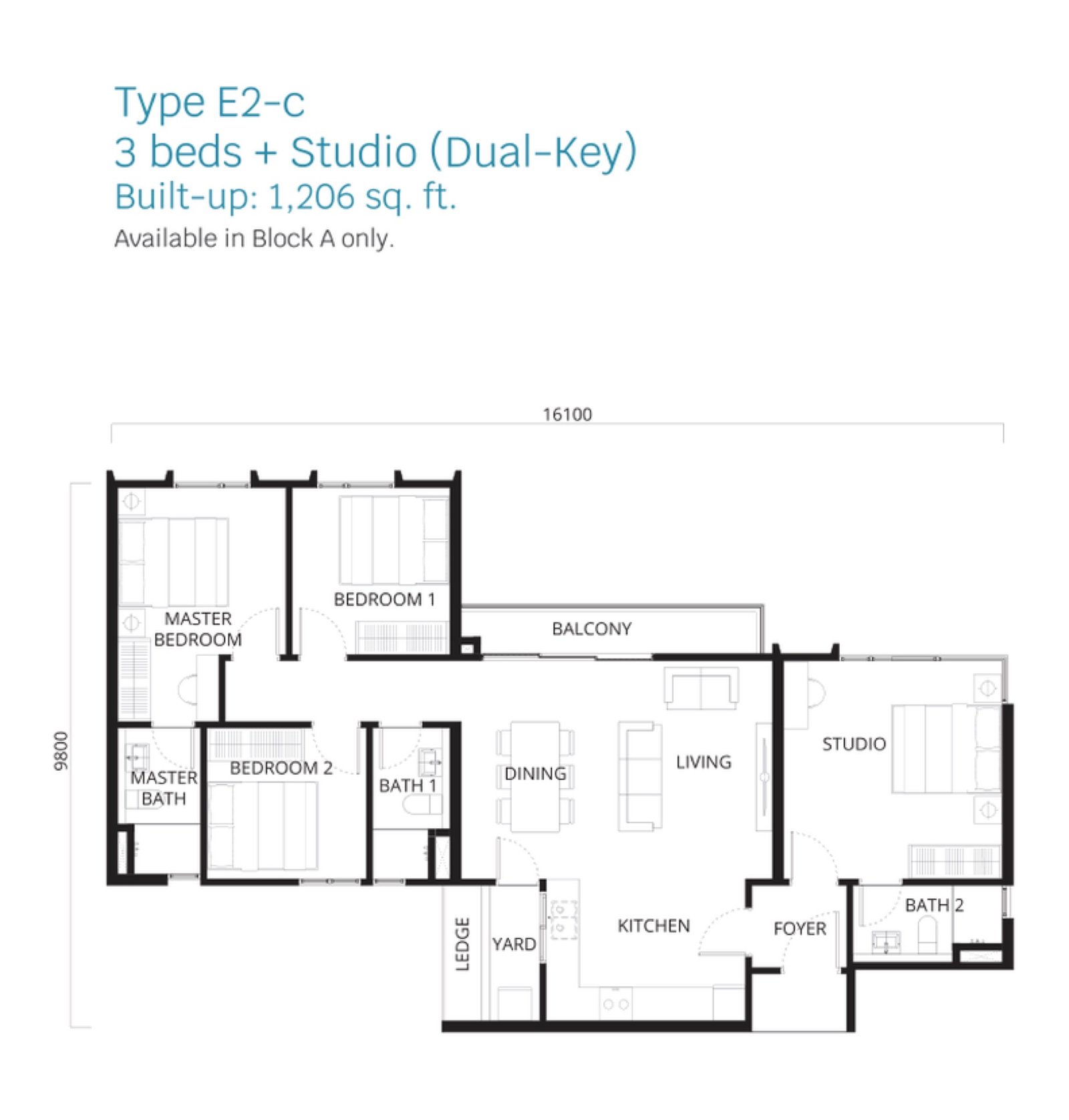 Stellaris @ Riana Dutamas Type E2-c floor plan, 3 bedrooms + studio (dual-key), 1,206 sq ft