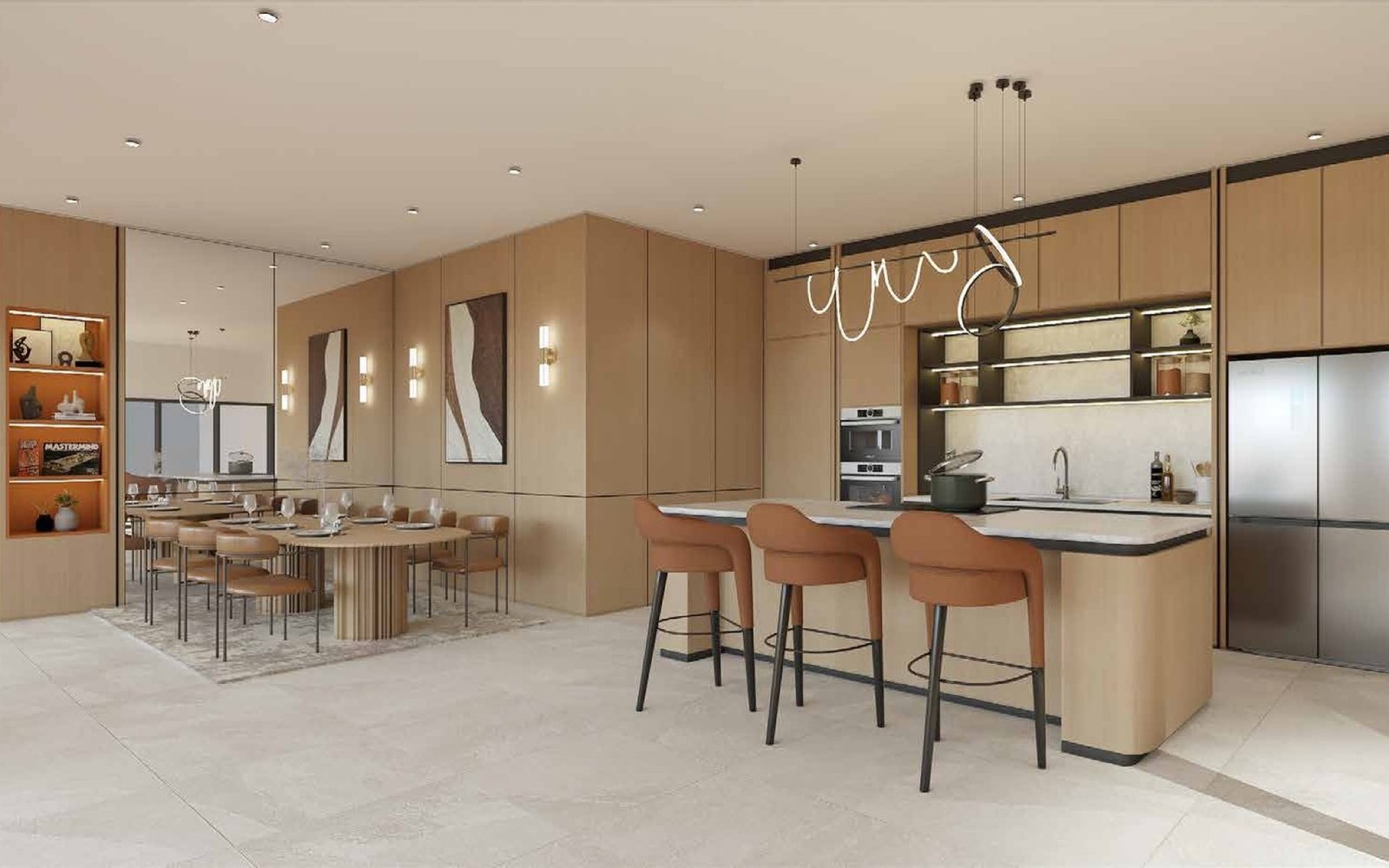 Tangen Residences lounge with kitchen counter and dining tables: artist's impression