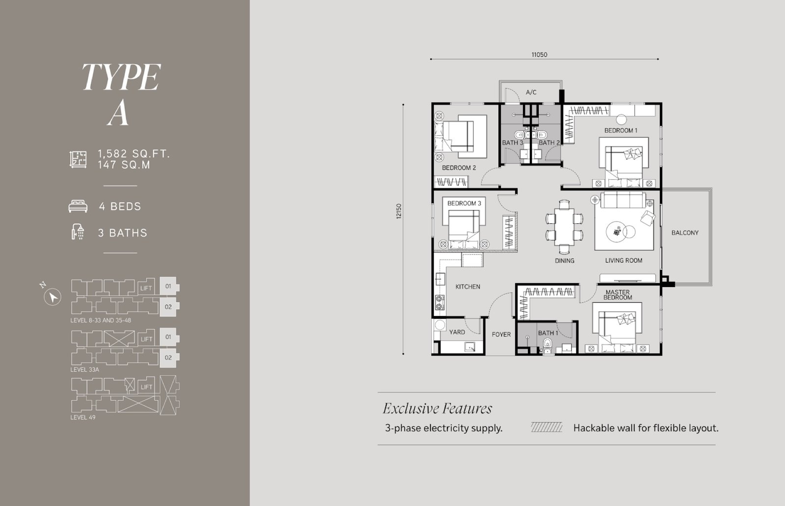 Tangen Residences Type A floor plan, 4 bedrooms with balcony, 1,582 sq ft