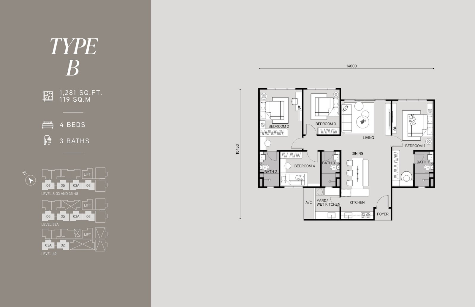 Tangen Residences Type B floor plan, 4 bedrooms, 1,281 sq ft