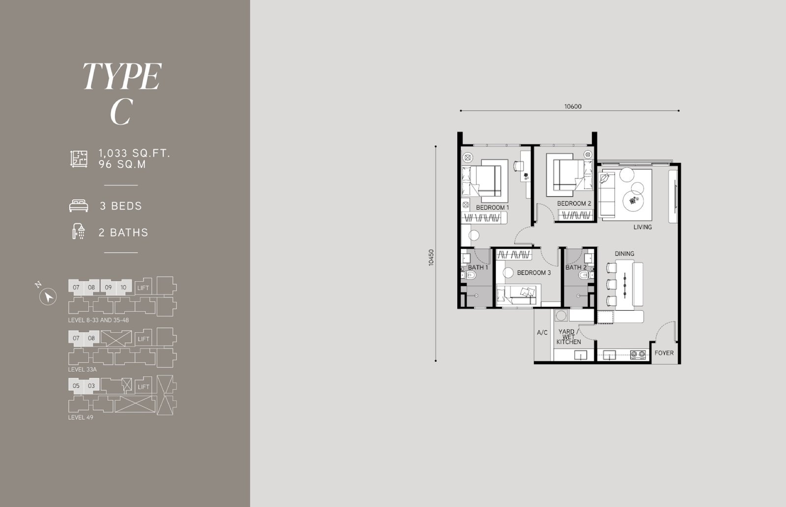 Tangen Residences Type C floor plan, 3 bedrooms, 1,033 sq ft
