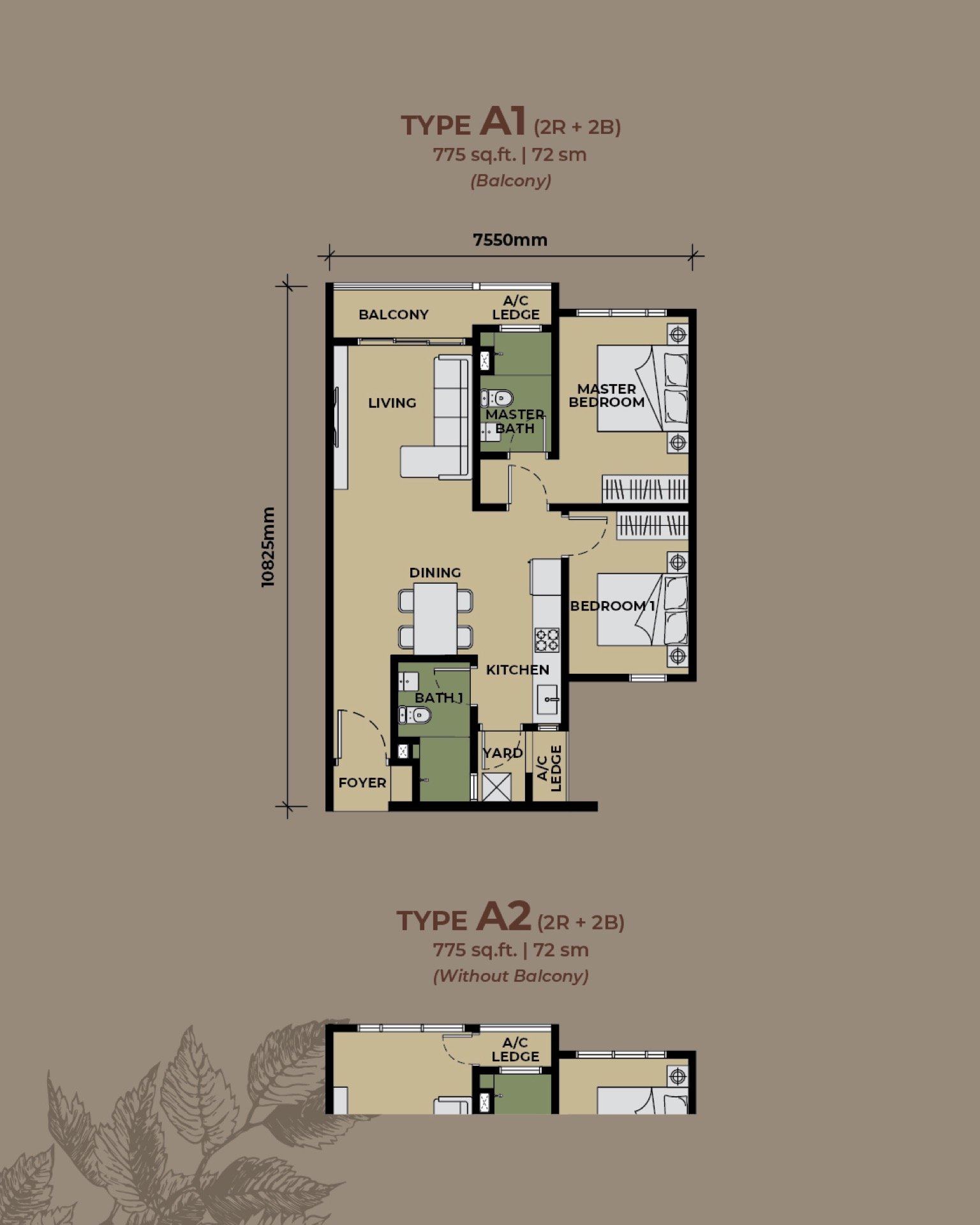 The Aldenz Type A1 and A2 floor plan, 2 bedroom, 775 sq ft