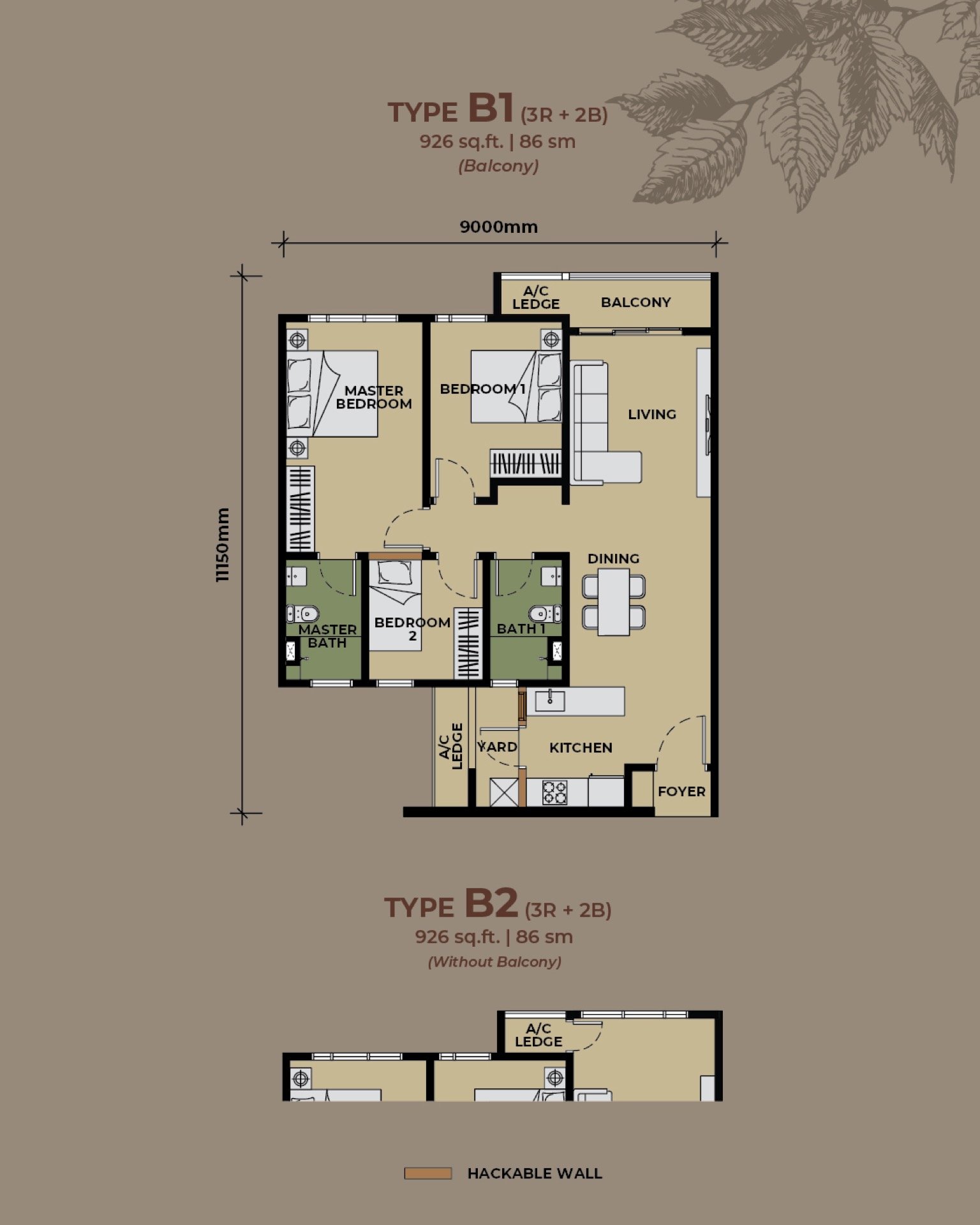 The Aldenz Type B1 and B2 floor plan, 3 bedroom, 926 sq ft