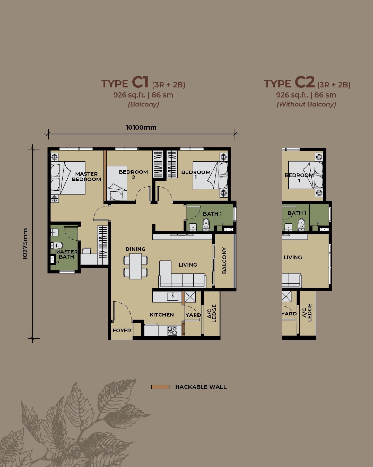 The Aldenz Type C1 and C2 floor plan, 3 bedroom, 926 sq ft