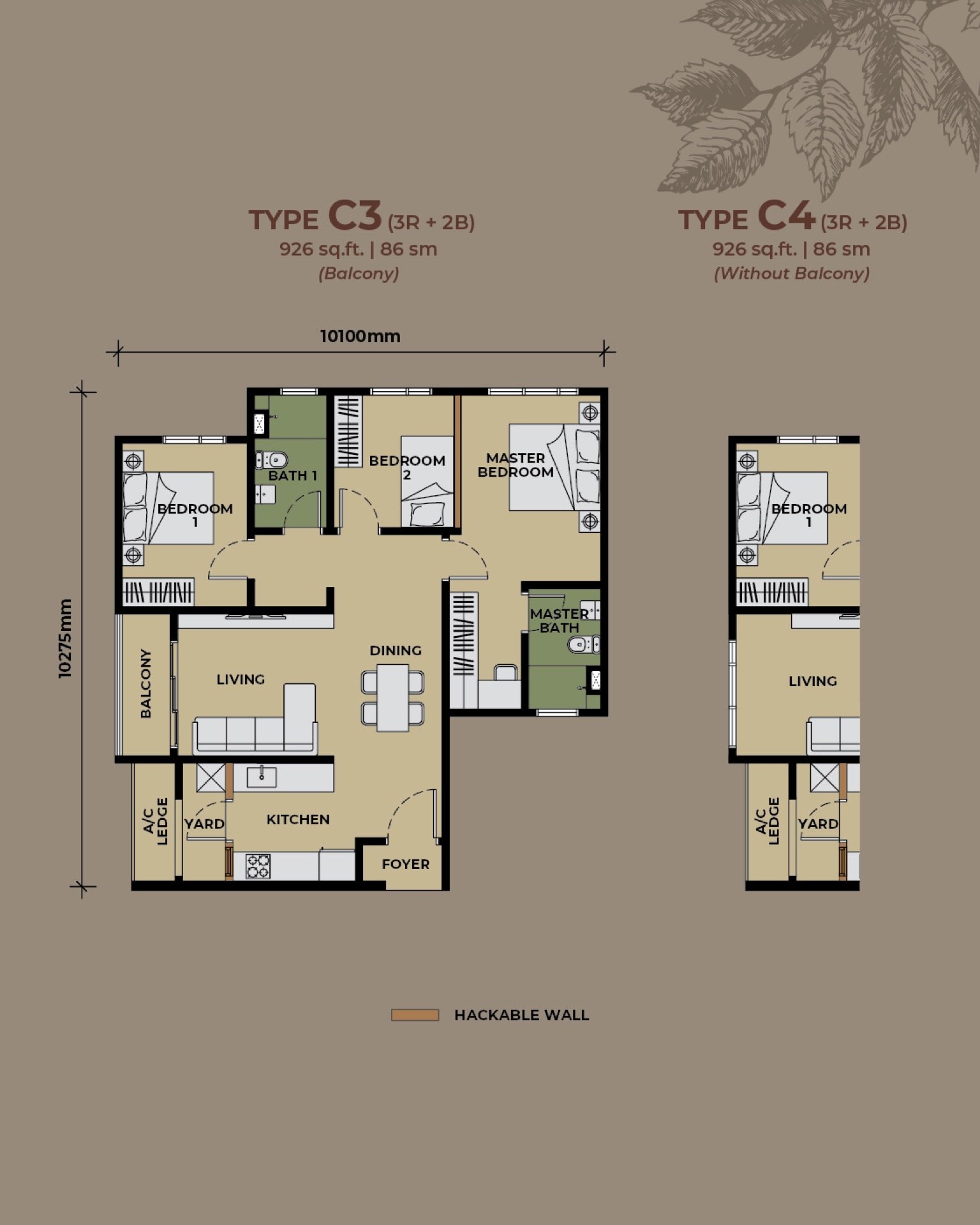 The Aldenz Type C3 and C4 floor plan, 3 bedroom, 926 sq ft