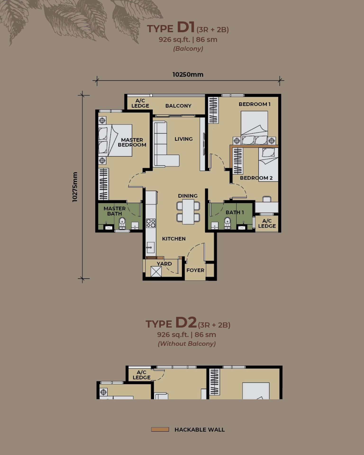The Aldenz Type D1 and D2 floor plan, 3 bedroom, 926 sq ft