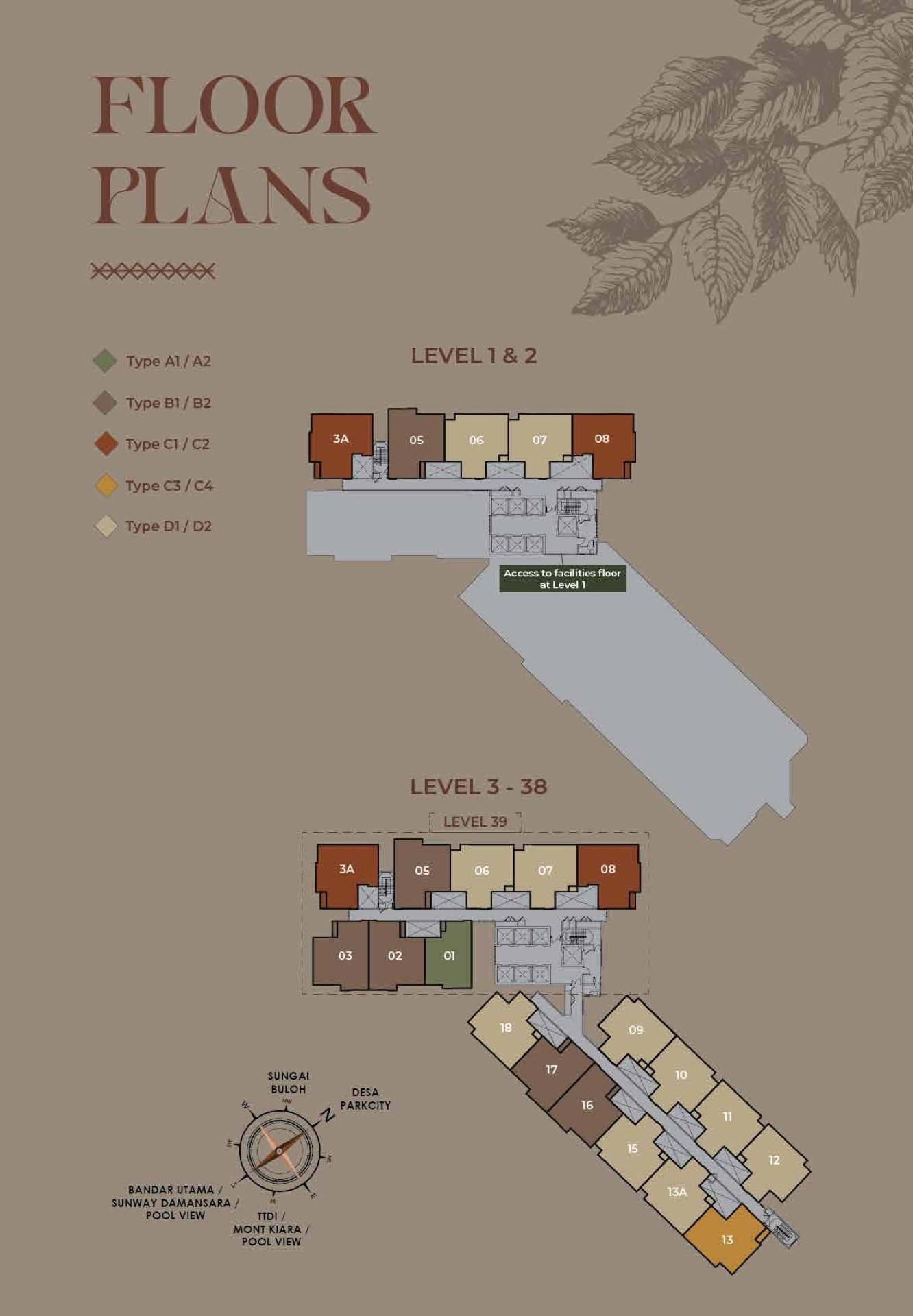 The Aldenz key floor plans for Levels 1 to 2 and 3 to 38