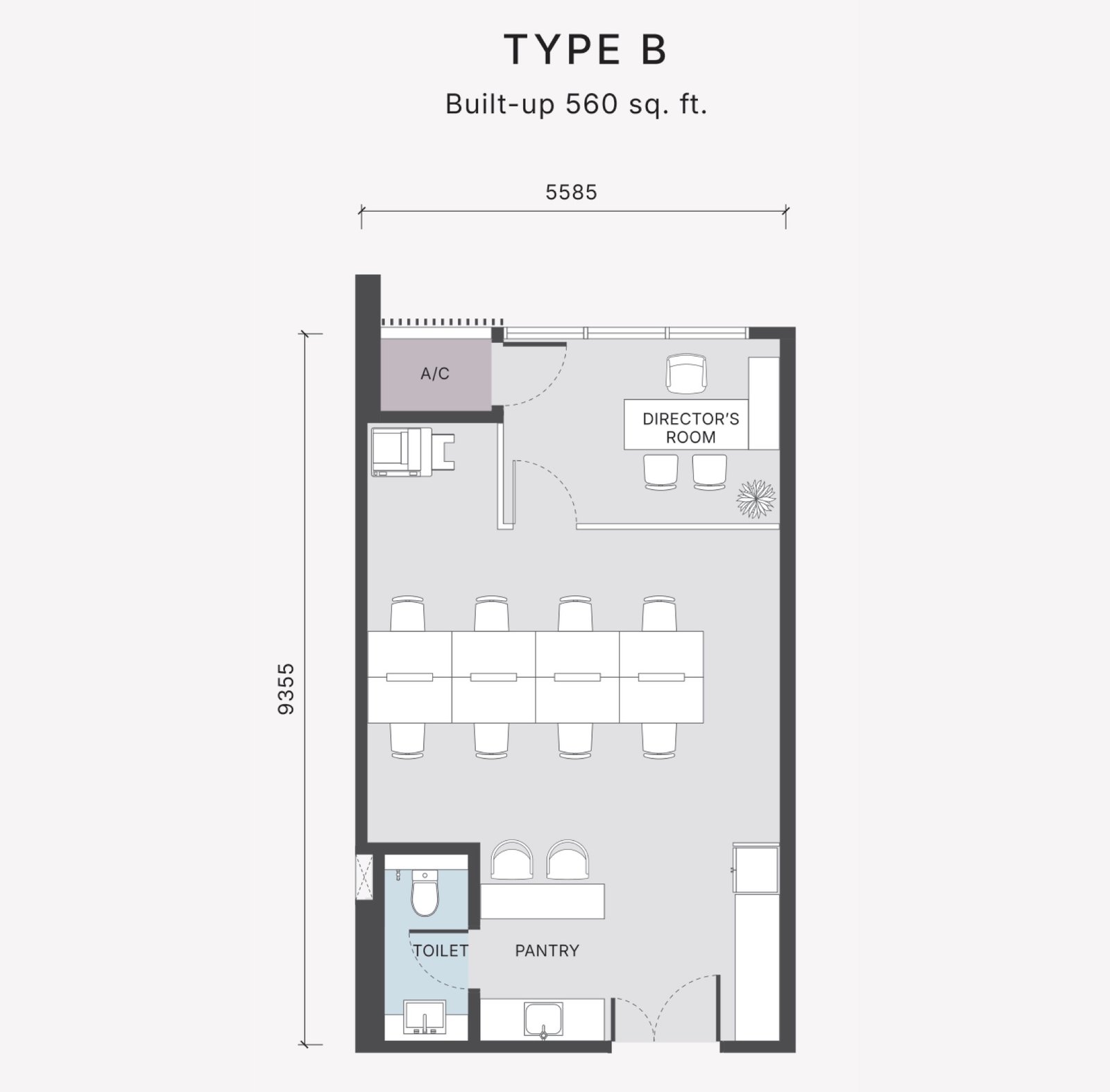 The Arden Type B floor plan, office suite, 560 sq ft