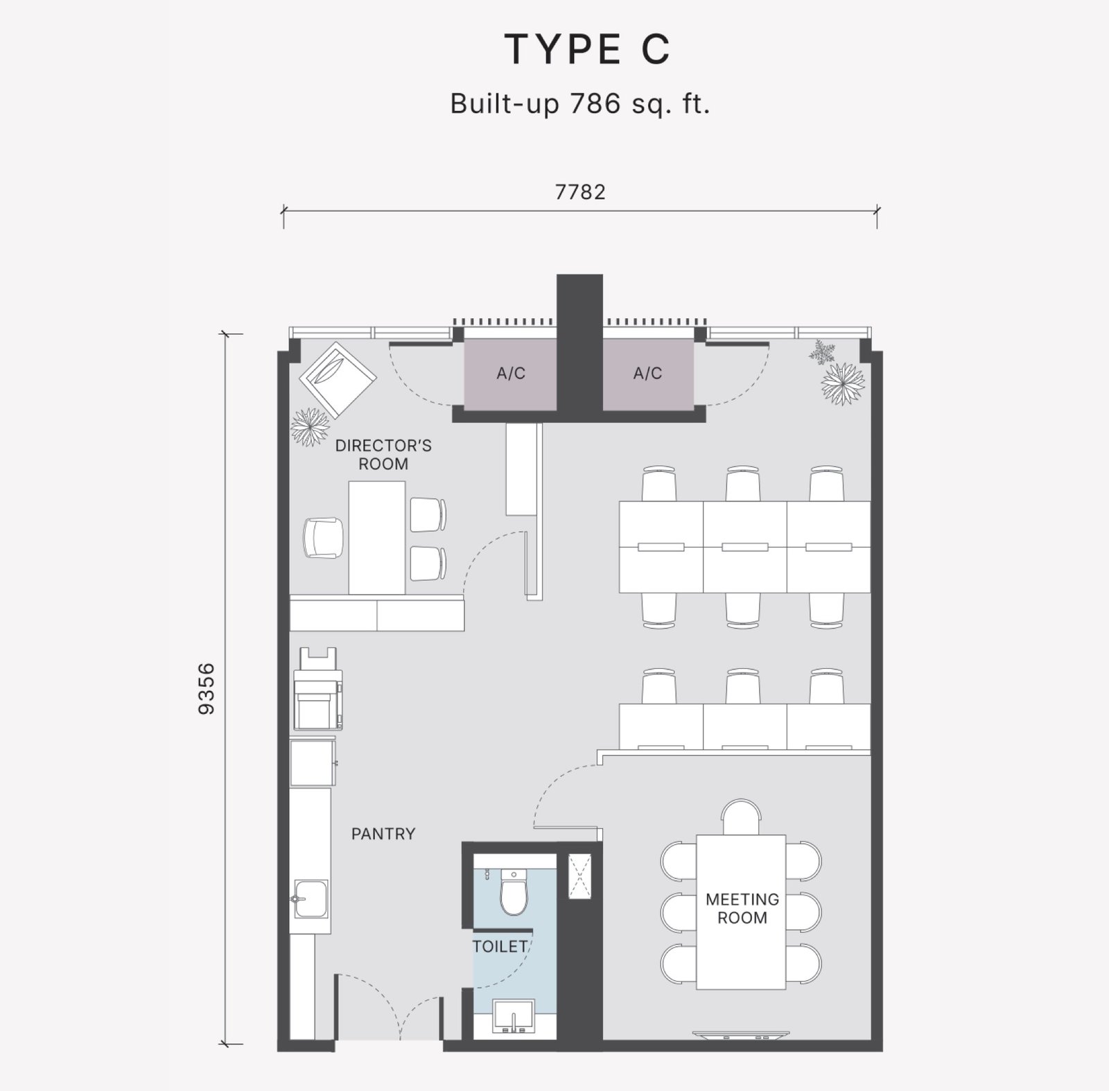 The Arden Type C floor plan, office suite, 786 sq ft