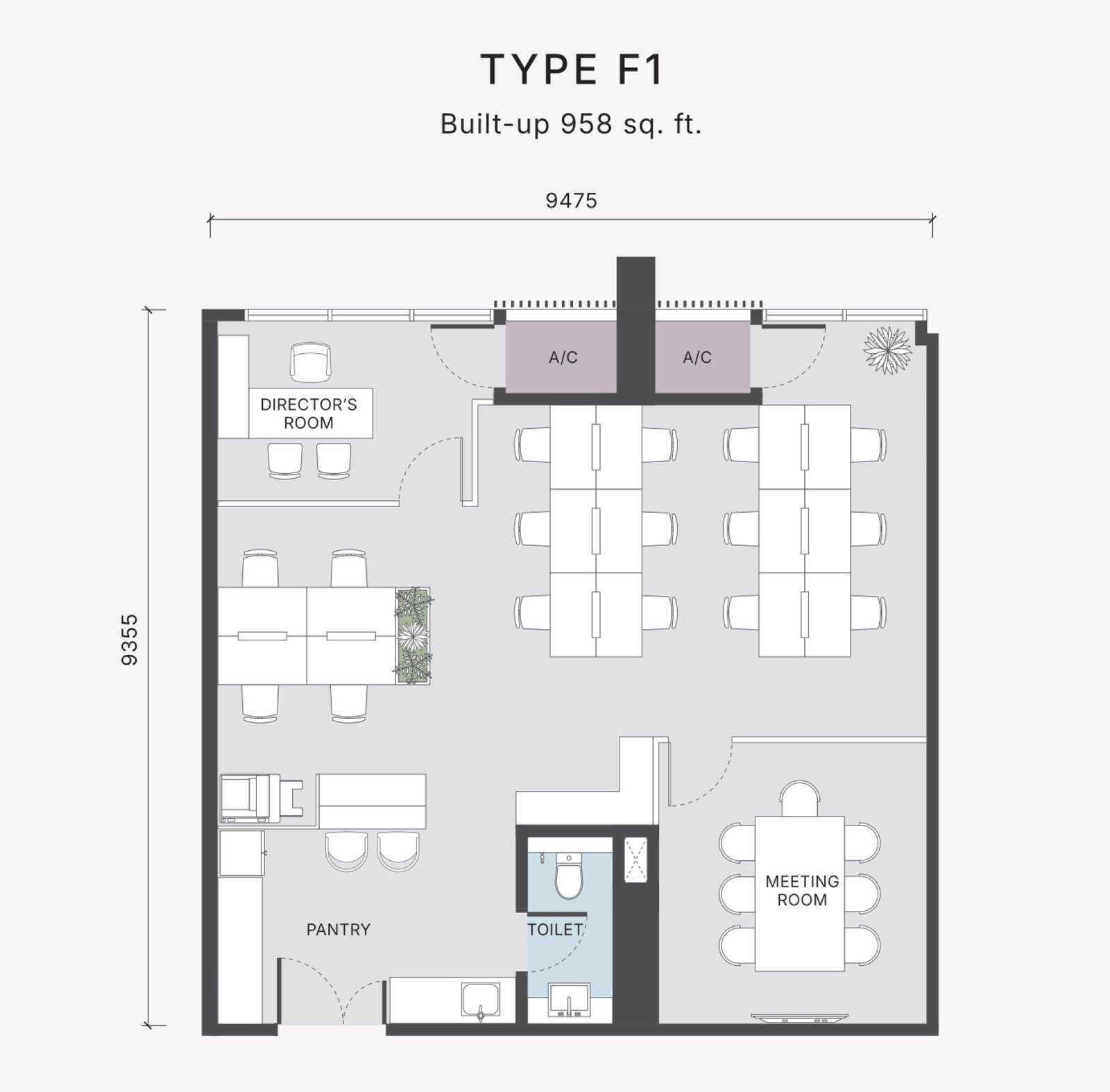 The Arden Type F1 floor plan, office suite, 958 sq ft