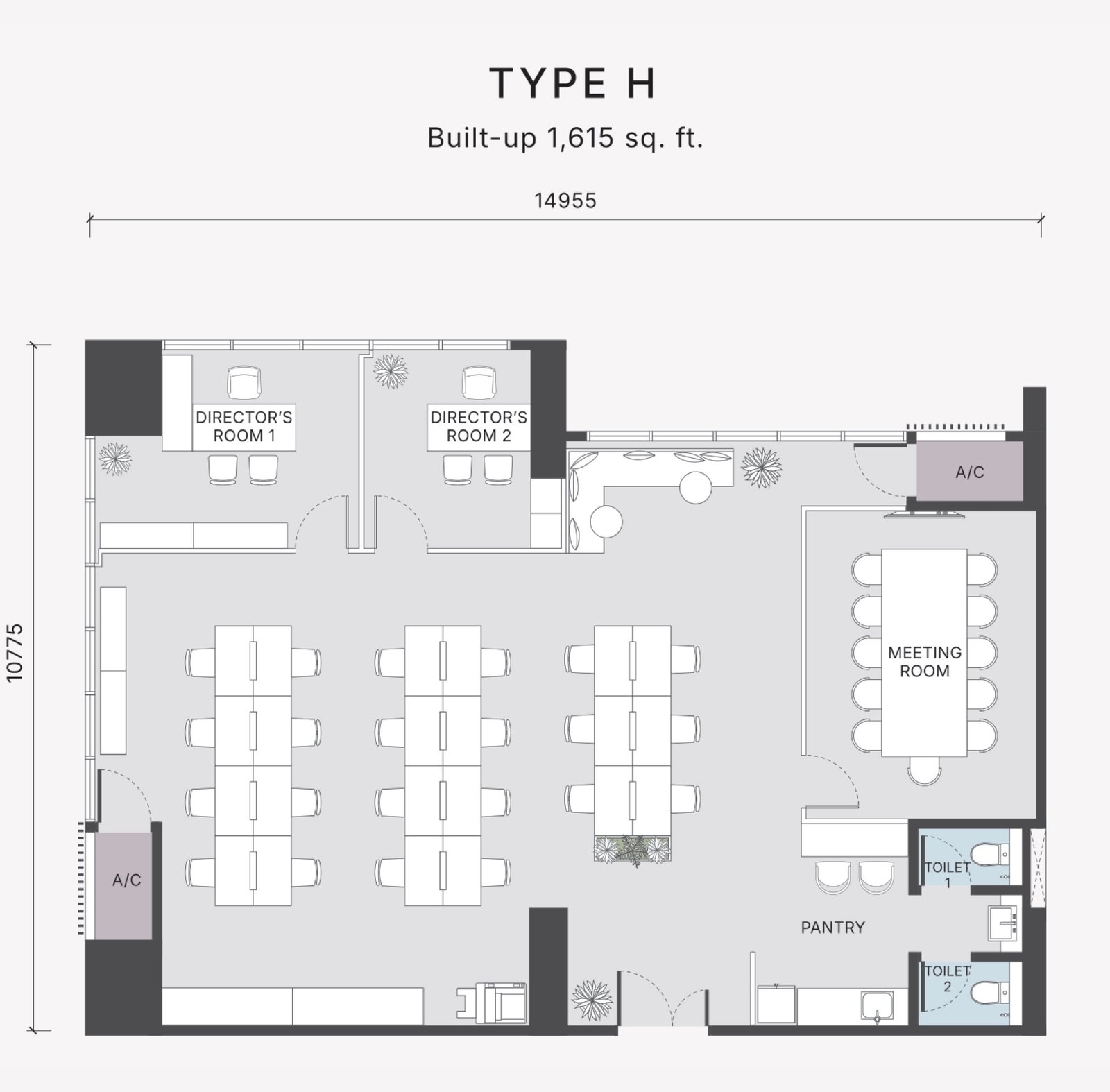 The Arden Type H floor plan, office suite, 1,615 sq ft