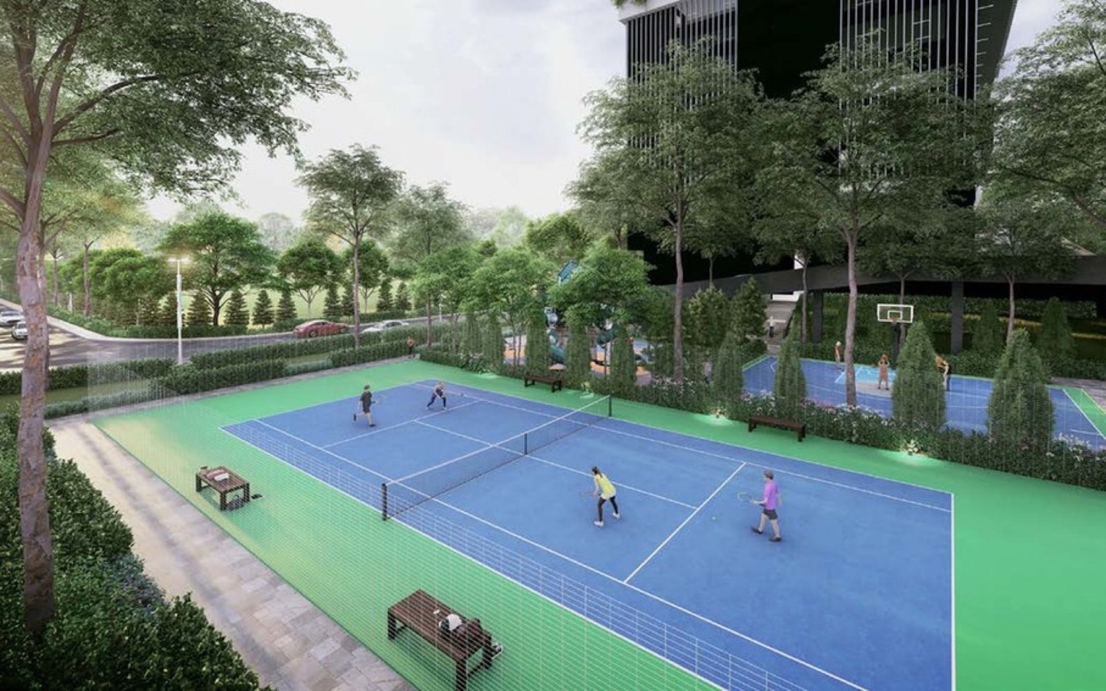 The Atas Residences tennis court and half basketball court: artist's impression