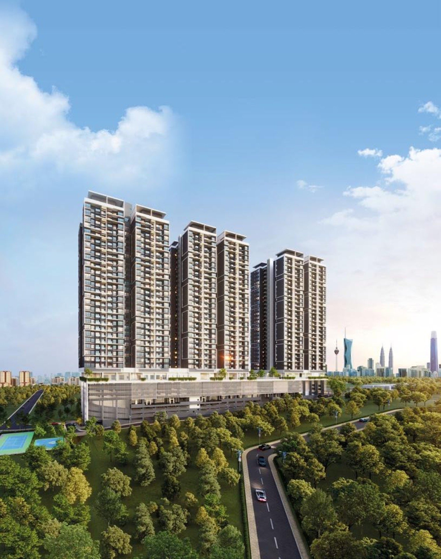 The Atas Residences, Taman Desa: artist's impression of the three towers and surroundings