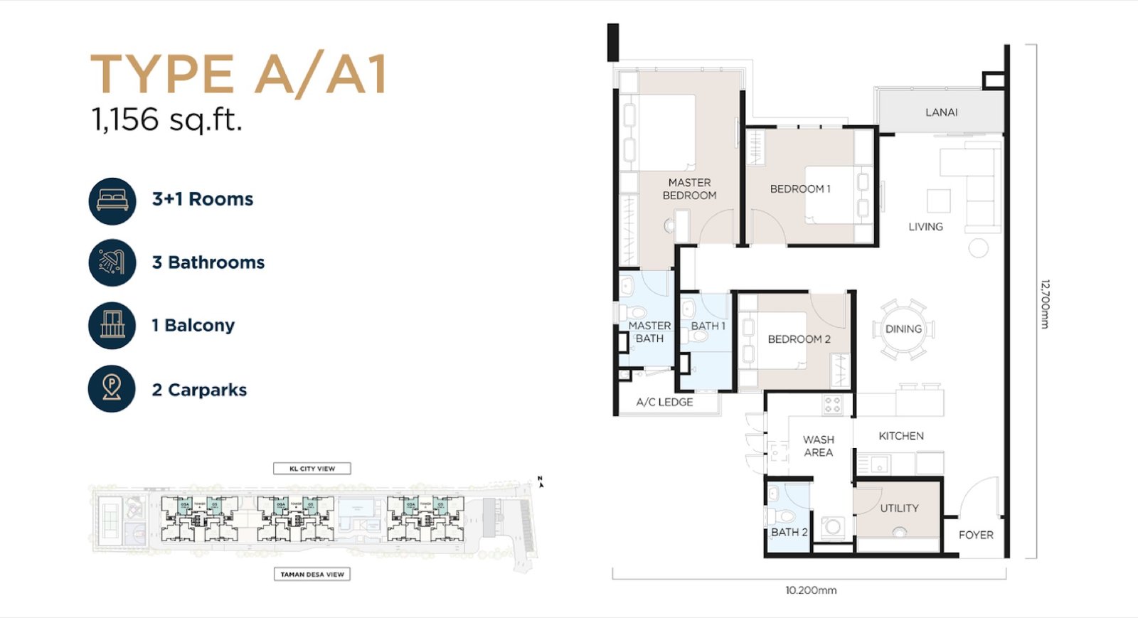 The Atas Residences Type A / A1 floor plan, 3+1 rooms, 3 bathrooms, 1,156 sq ft