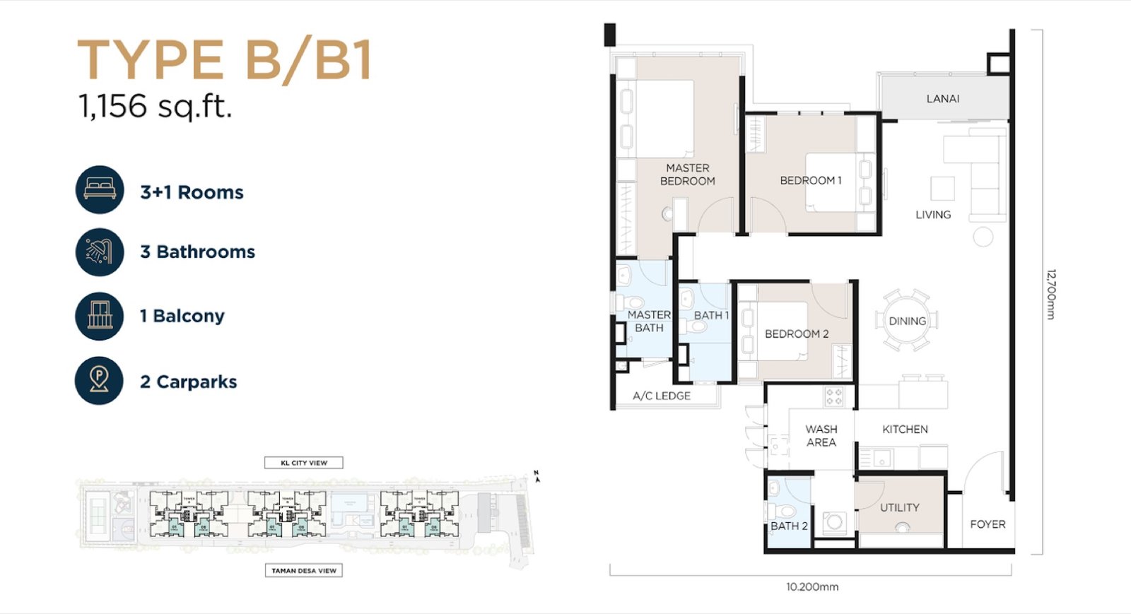 The Atas Residences Type B / B1 floor plan, 3+1 rooms, 3 bathrooms, 1,156 sq ft