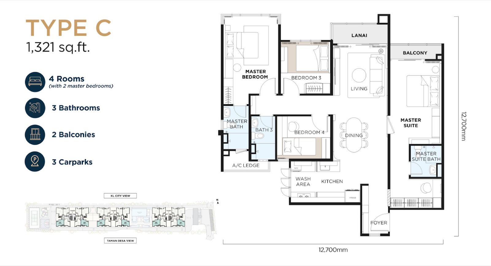 The Atas Residences Type C floor plan, 4 rooms with 2 master bedrooms, 3 bathrooms, 1,321 sq ft