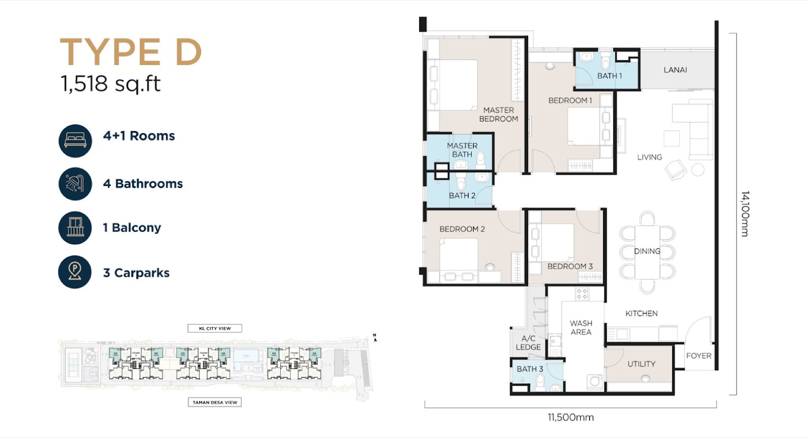 The Atas Residences Type D floor plan, 4+1 rooms, 4 bathrooms, 1,518 sq ft