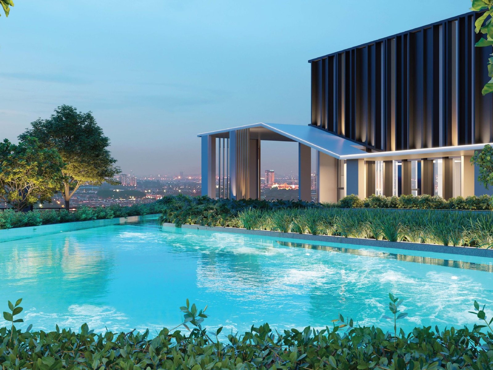 The Atera pool and pavilion at dusk: artist's impression